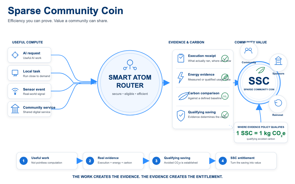 Sparse Community Coin: useful compute enters Smart Atom Router, produces execution, energy and carbon evidence, and where evidence policy qualifies, 1 SSC equals 1 kg CO₂e qualifying avoided carbon for community value.